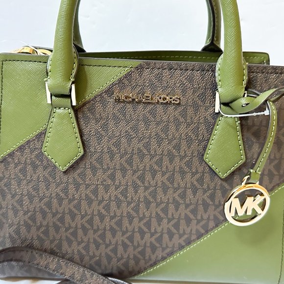 Michael Kors Hope Medium Satchel Shoulder Crossbody Bag MK Brown Evergreen - Picture 9 of 9